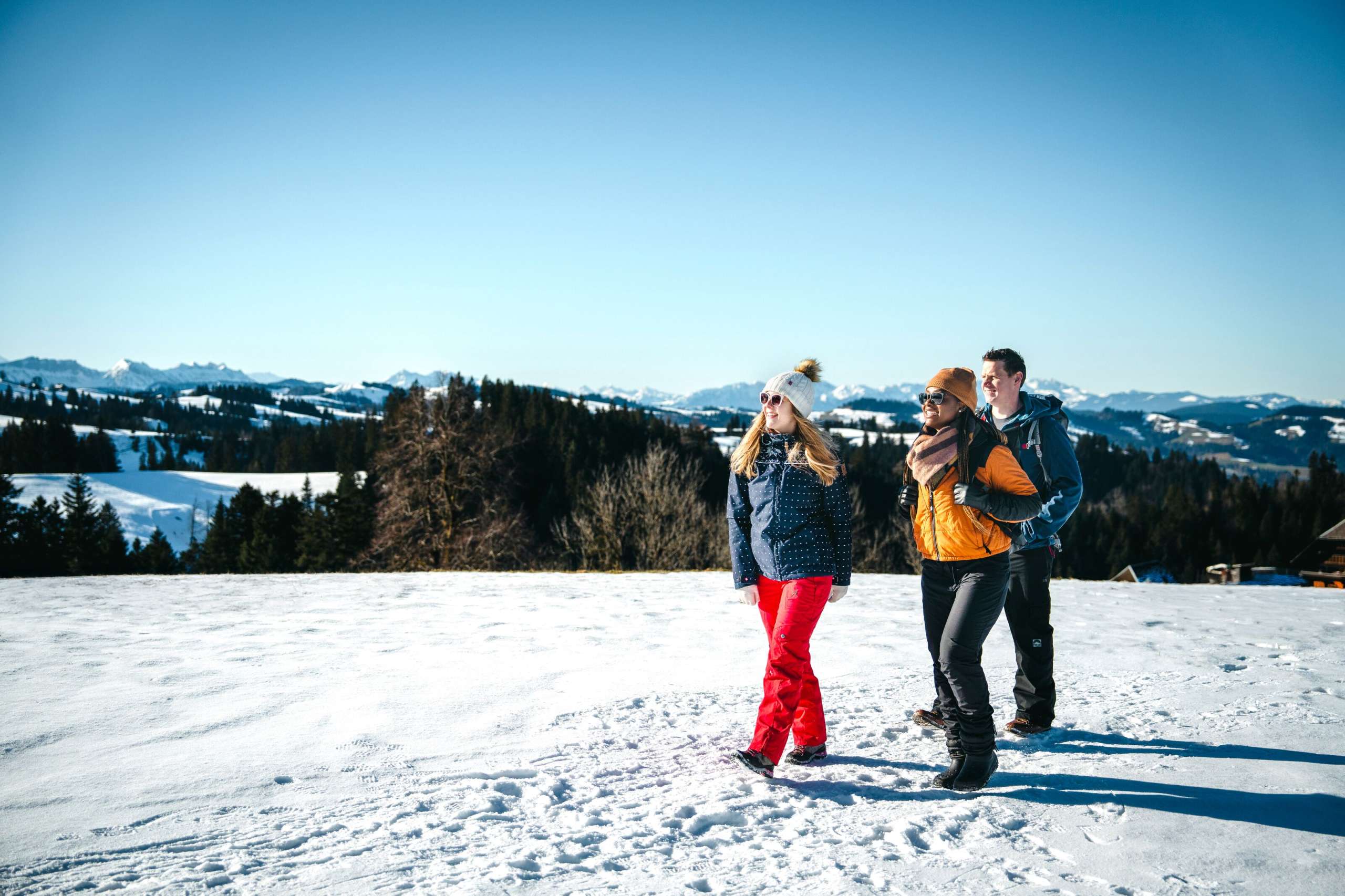 Zwei Frauen und ein Mann wandern im Emmental, Trub im Schnee die Sonne geniessend. Alpen Panorama im Hintergrund hinter Emmentaler Hügeln.